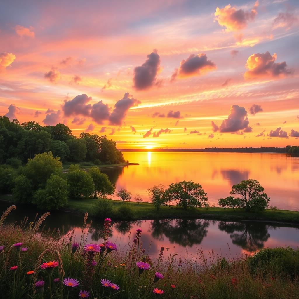 A serene landscape featuring a vibrant sunset over a calm lake, with lush green trees reflecting on the water's surface