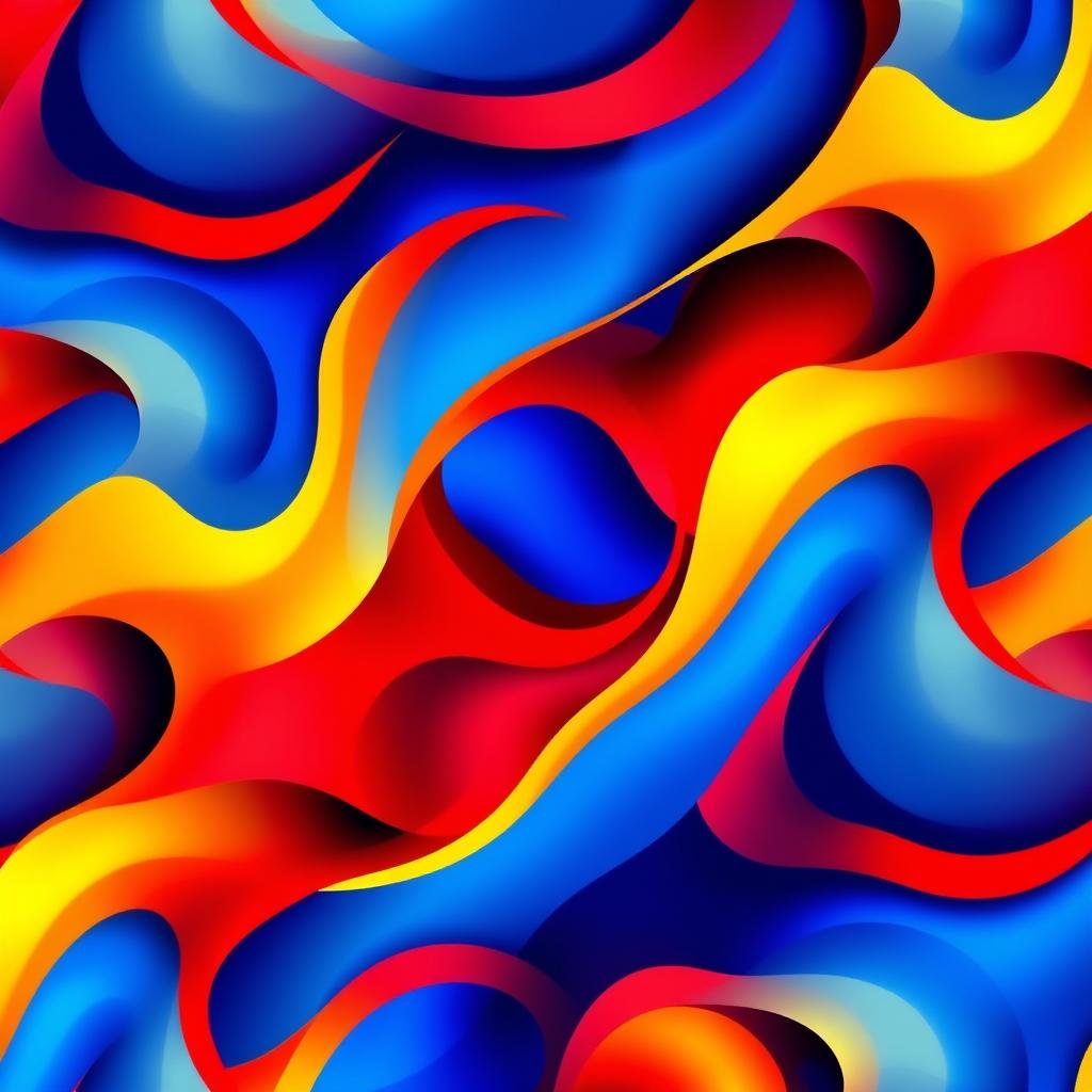 A stunning and vibrant wallpaper design featuring an abstract geometric pattern that incorporates bold colors like deep blue, fiery red, and bright yellow