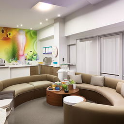 A relaxation-filled break room in a dental clinic for staff to unwind. The room includes comfortable sofas, a coffee station, a snack bar, a refrigerator, soothing wall paintings, and plenty of natural light.