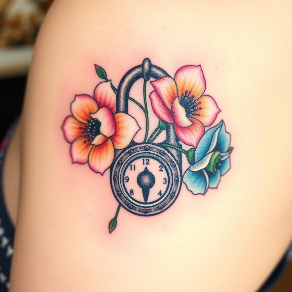 A beautifully designed feminine tattoo featuring three elegant flowers, delicately intertwined with their stems running through an ornate old-fashioned lock