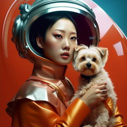 Photography styled image of a Japanese woman in retro-futuristic attire with her pet, composed that gives an epic feel. Use a light color palette with bright, highly detailed colors, taking inspiration from Mario Testino.