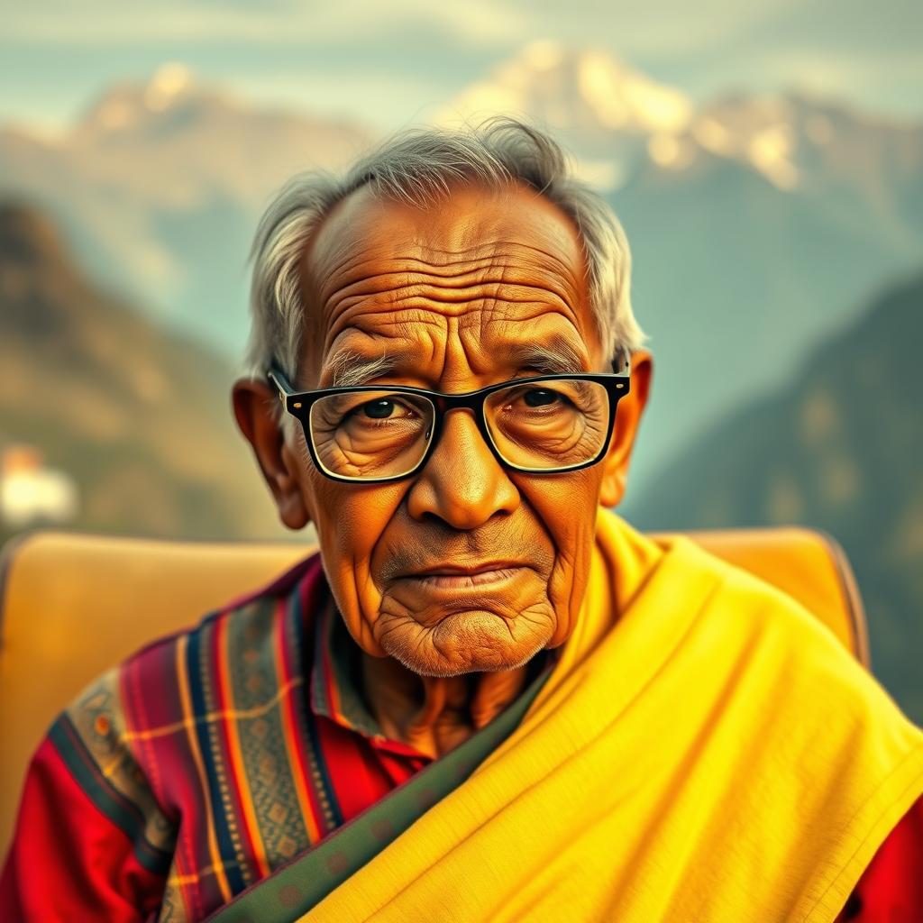 An elderly Nepalese man with a wise expression, wearing stylish optical glasses
