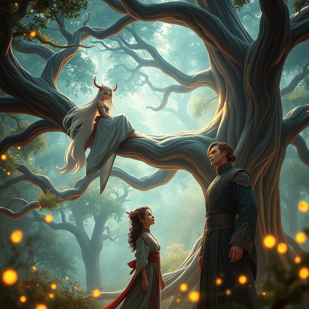 A wide-angle shot of a serene, fantasy-style forest illuminated with warm, soft lighting