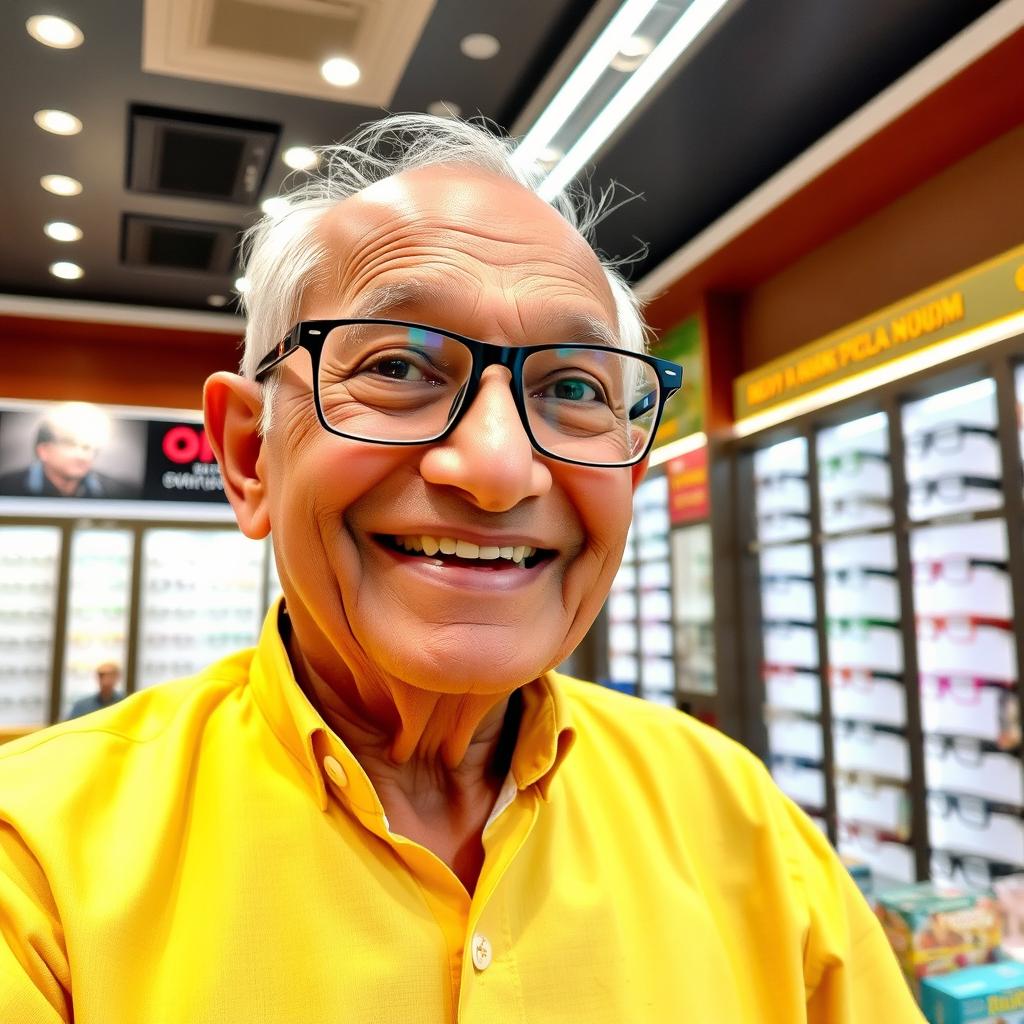 An elderly Nepali man wearing stylish glasses, smiling broadly with a warm expression