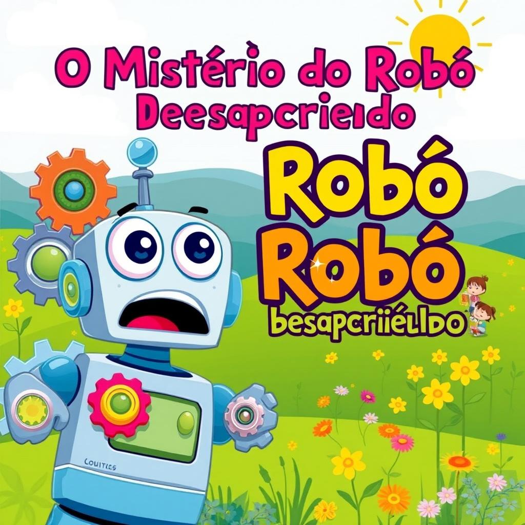 A vibrant and playful eBook cover for a children's book titled 'O Mistério do Robô Desaparecido'