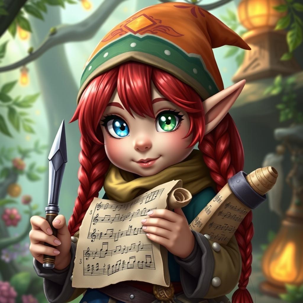 A girl gnome bard with heterochromia, featuring one blue eye and one green eye