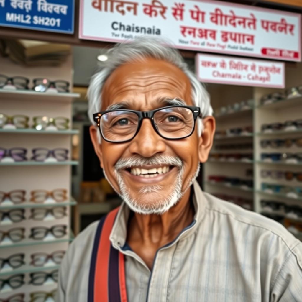 An elderly Nepali man with a warm smile, wearing stylish optical glasses, standing inside an optical shop named 'New Madhya Paschim Chasma Ghar'