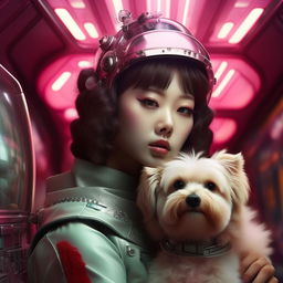 Photography styled image of a Japanese woman in retro-futuristic attire with her pet, composed that gives an epic feel. Use a light color palette with bright, highly detailed colors, taking inspiration from Mario Testino.