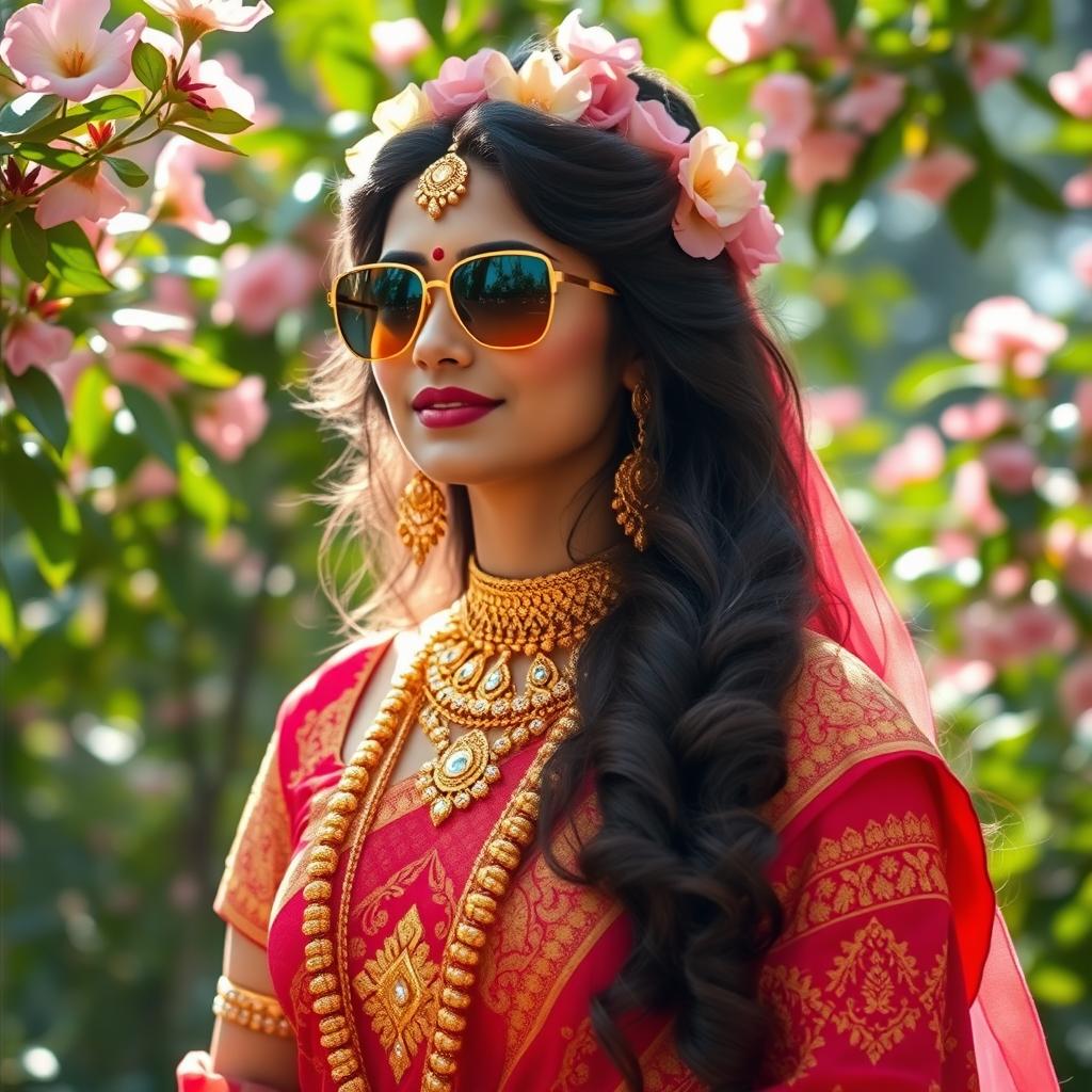 A majestic depiction of Lord Radha adorned with beautiful traditional attire, featuring intricate gold embroidery and vibrant colors
