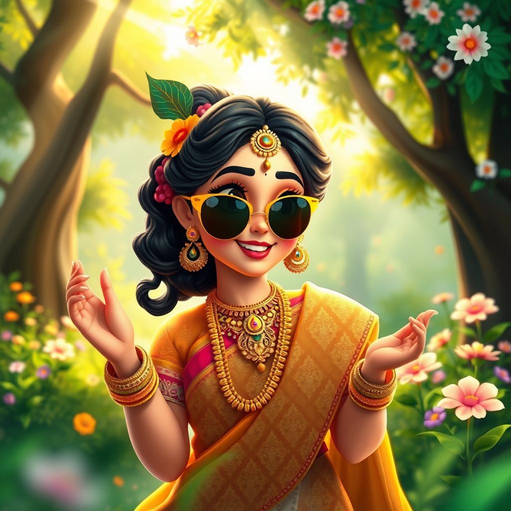 A vibrant animation of Lord Radha, embodying grace and charm, wearing stylish sunglasses