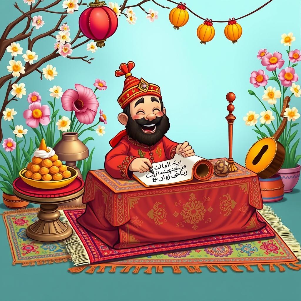 A vibrant and colorful scene depicting a Hajji Firuz, a traditional Persian character associated with the Nowruz celebrations, sitting at a beautifully decorated table covered with colorful Persian carpets