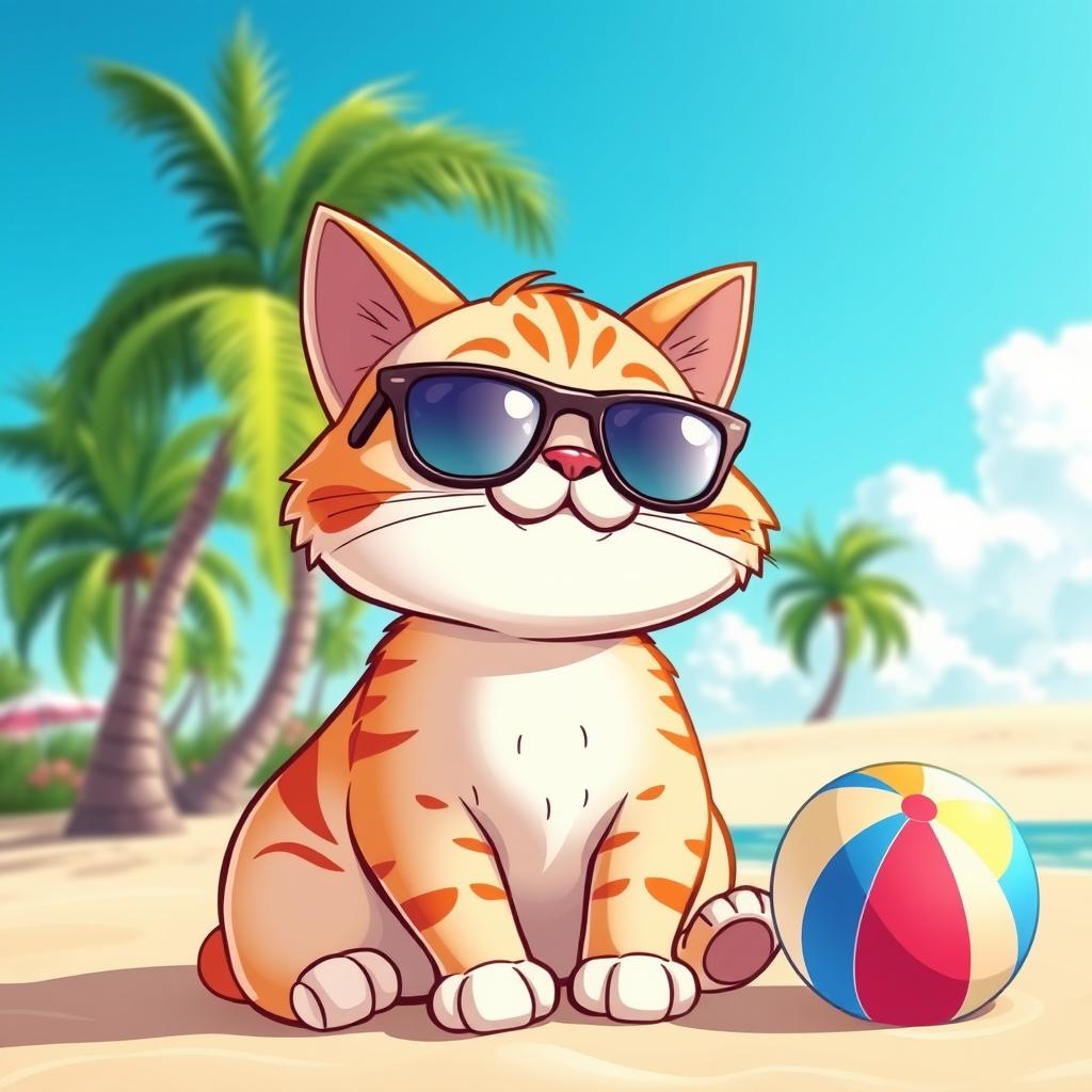 A cartoon-style cat wearing stylish sunglasses, with a playful expression and vibrant colors