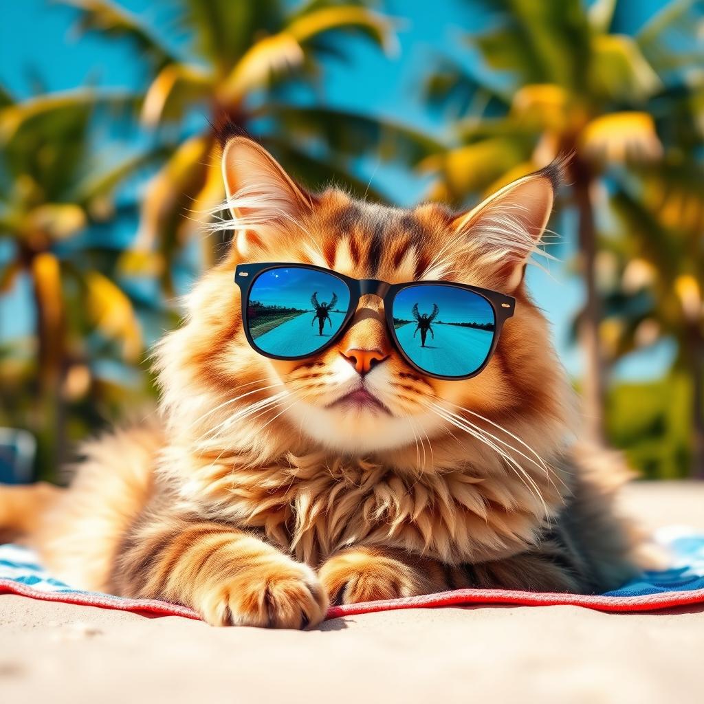 A cool cat wearing stylish sunglasses, lounging on a sunny beach