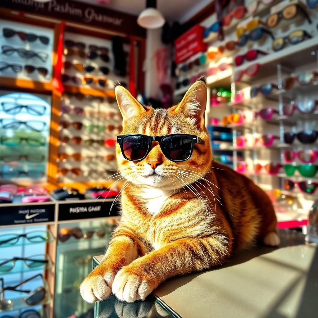 A stylish cat wearing trendy sunglasses, lounging comfortably inside an eyewear shop named 'Madhya Paschim Chasma Ghar'