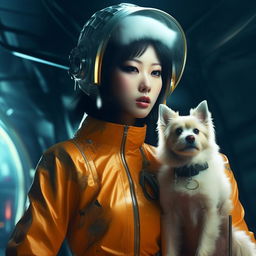 Photography styled image of a Japanese woman in retro-futuristic attire with her pet, composed that gives an epic feel. Use a light color palette with bright, highly detailed colors, taking inspiration from Mario Testino.