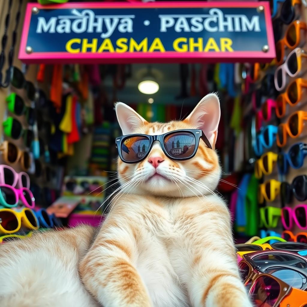 A stylish cat wearing trendy sunglasses, lounging in a quaint shop with a signboard that reads 'Madhya Paschim Chasma Ghar'