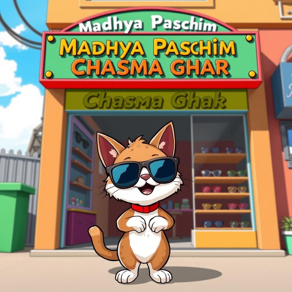 A cartoonish cat wearing trendy sunglasses, standing confidently outside a shop named 'Madhya Paschim Chasma Ghar' which is written on a vibrant signboard above the entrance