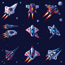 A collection of nine unique pixel art futuristic starfighters, each showcasing different designs and color schemes