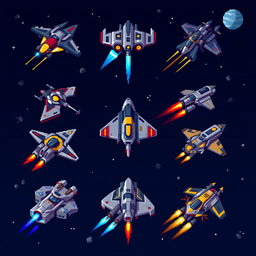 A collection of nine unique pixel art futuristic starfighters, each showcasing different designs and color schemes