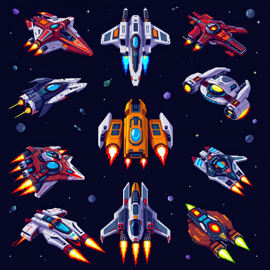 A collection of nine unique pixel art futuristic starfighters, each showcasing different designs and color schemes