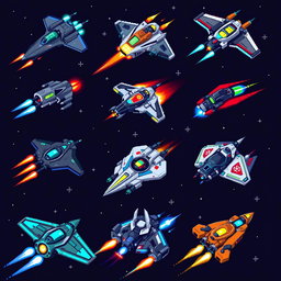 A collection of nine unique pixel art futuristic starfighters, each showcasing different designs and color schemes