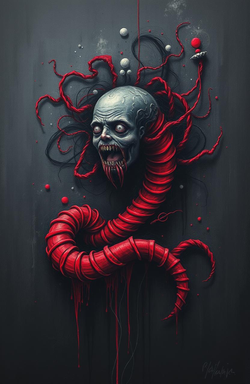 An abstract horror painting featuring a dark and eerie design dominated by deep blacks and striking reds