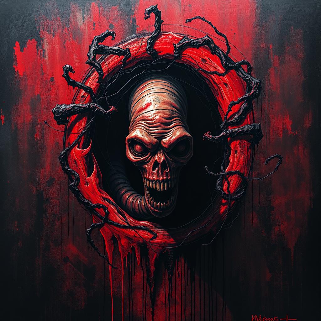 An abstract horror painting featuring a dark and eerie design dominated by deep blacks and striking reds