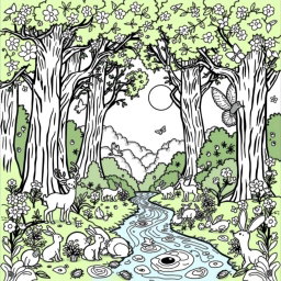 A whimsical coloring page featuring a magical forest scene with towering trees, playful animals, and a sparkling river