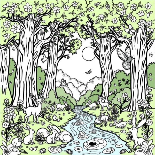 A whimsical coloring page featuring a magical forest scene with towering trees, playful animals, and a sparkling river