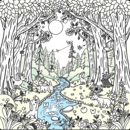 A whimsical coloring page featuring a magical forest scene with towering trees, playful animals, and a sparkling river