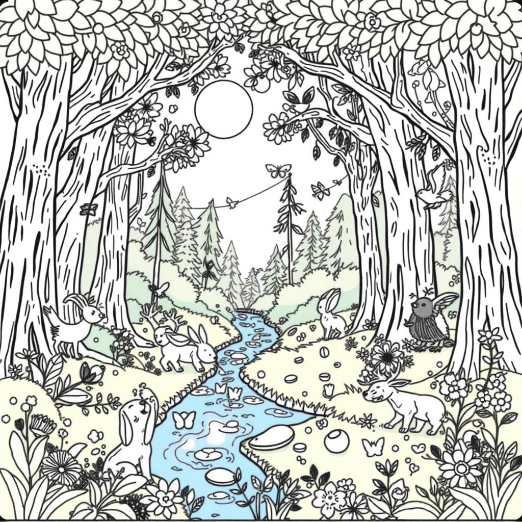 A whimsical coloring page featuring a magical forest scene with towering trees, playful animals, and a sparkling river