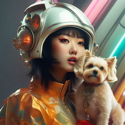 Photography styled image of a Japanese woman in retro-futuristic attire with her pet, composed that gives an epic feel. Use a light color palette with bright, highly detailed colors, taking inspiration from Mario Testino.