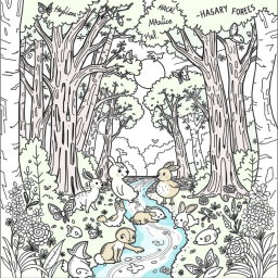 A whimsical coloring page featuring a magical forest scene with towering trees, playful animals, and a sparkling river