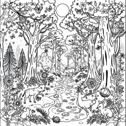 A whimsical coloring page featuring a magical forest scene with towering trees, playful animals, and a sparkling river