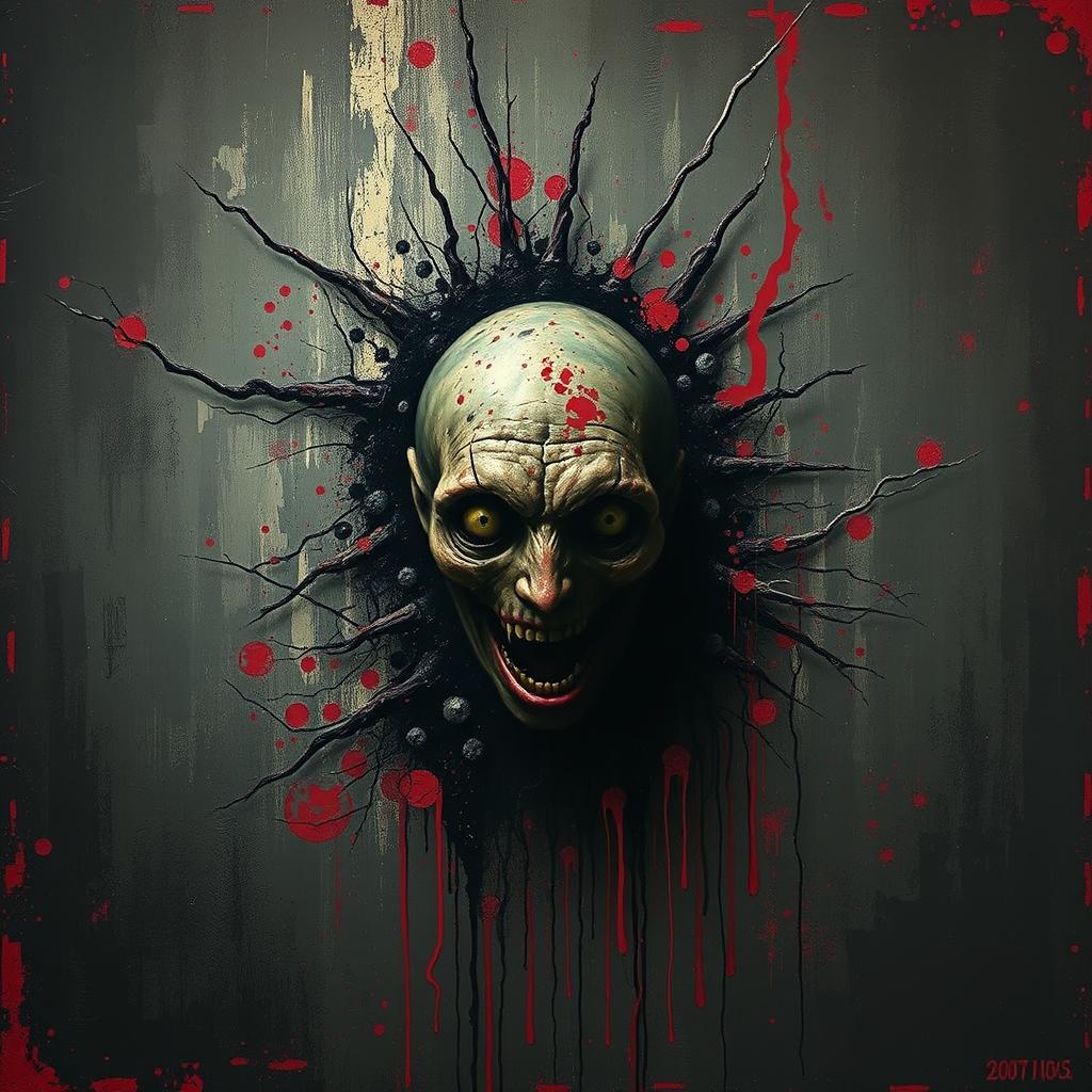 An unsettling abstract horror painting inspired by Joseph Kawaja, featuring a worm-like creature with a human face horrifically embedded in a textured wall