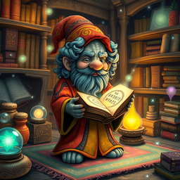 A whimsical scene featuring a rock gnome wizard with curly hair, dressed in a vibrant robe adorned with mystical symbols