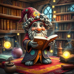 A whimsical scene featuring a rock gnome wizard with curly hair, dressed in a vibrant robe adorned with mystical symbols