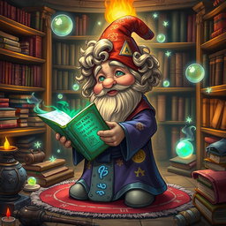 A whimsical scene featuring a rock gnome wizard with curly hair, dressed in a vibrant robe adorned with mystical symbols