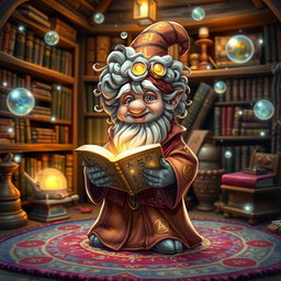 A whimsical scene featuring a rock gnome wizard with curly hair, dressed in a vibrant robe adorned with mystical symbols