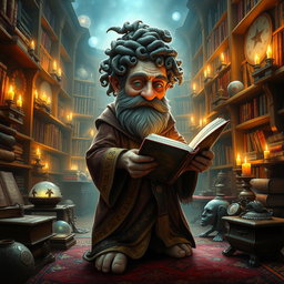 A 42-year-old rock gnome wizard with curly hair, wearing a richly detailed, flowing robe decorated with intricate, mystical patterns