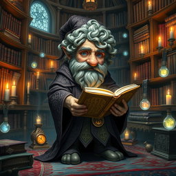 A 42-year-old rock gnome wizard with curly hair, wearing a richly detailed, flowing robe decorated with intricate, mystical patterns