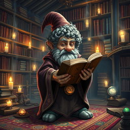 A 42-year-old rock gnome wizard with curly hair, wearing a richly detailed, flowing robe decorated with intricate, mystical patterns
