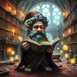 A 42-year-old rock gnome wizard with curly hair, wearing a richly detailed, flowing robe decorated with intricate, mystical patterns