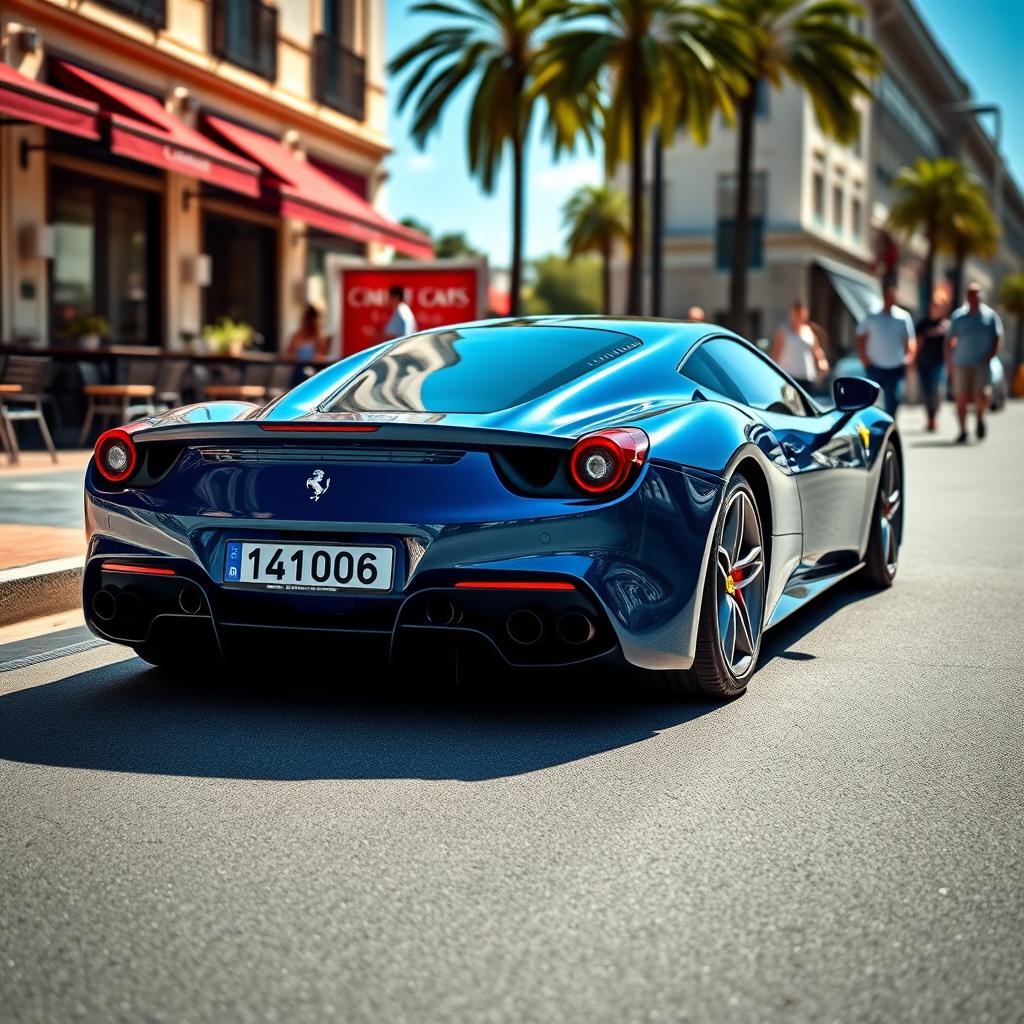 A close-up shot of a glossy space blue Ferrari with the number plate featuring the digits 1,410,006, parked on a vibrant, sunlit street