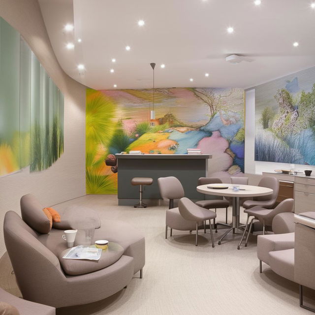 A relaxation-filled break room in a dental clinic for staff to unwind. The room includes comfortable sofas, a coffee station, a snack bar, a refrigerator, soothing wall paintings, and plenty of natural light.