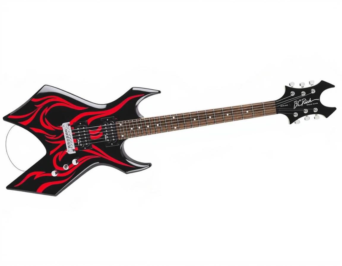 A visually striking electric guitar in the shape of a star, with bold black and red flame patterns