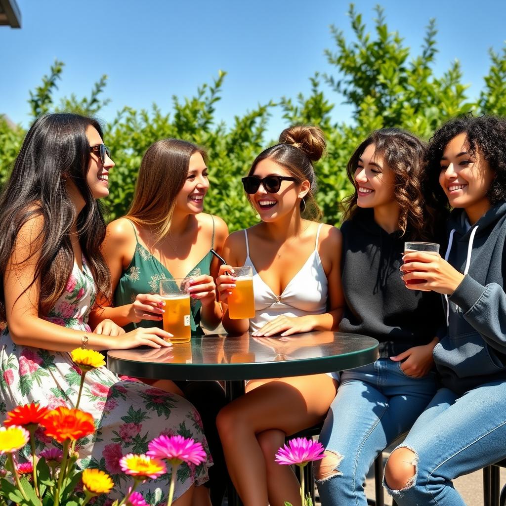 A group of stylish, confident young women having fun at a vibrant outdoor café