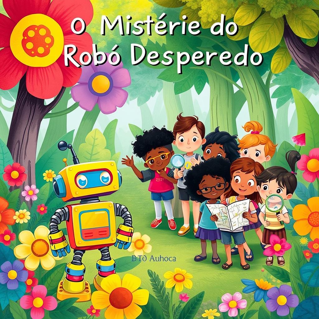 A vibrant, whimsical illustration for a children's book titled 'O Mistério do Robô Desaparecido'