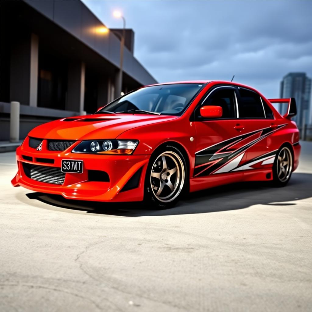 A stunning 2004 Mitsubishi Lancer with a widebody kit, showcasing its aggressive stance and sporty design