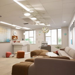 A relaxation-filled break room in a dental clinic for staff to unwind. The room includes comfortable sofas, a coffee station, a snack bar, a refrigerator, soothing wall paintings, and plenty of natural light.